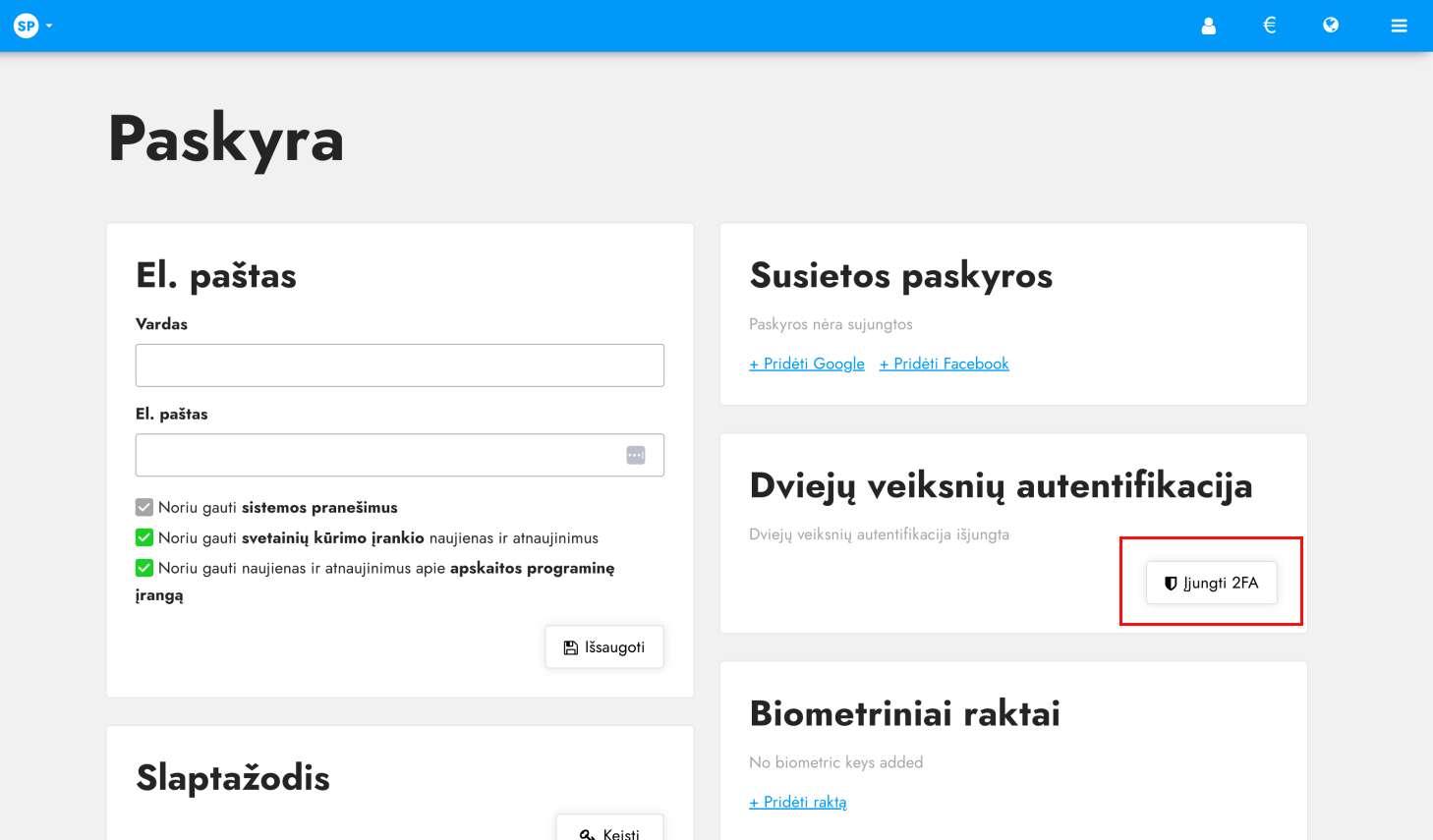 2FA profilio įjungimas Site.pro nustatymuose